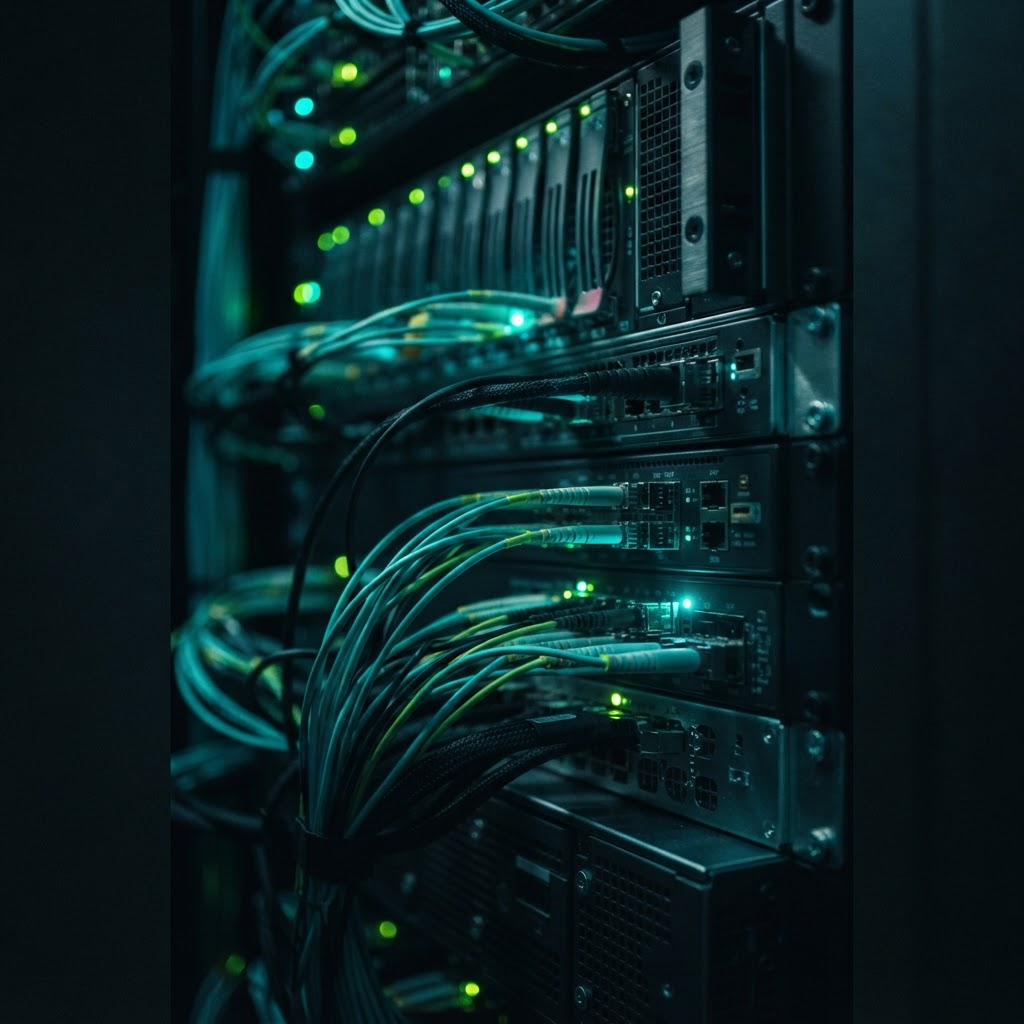 Close-up of server hardware with teal and green accent lighting
